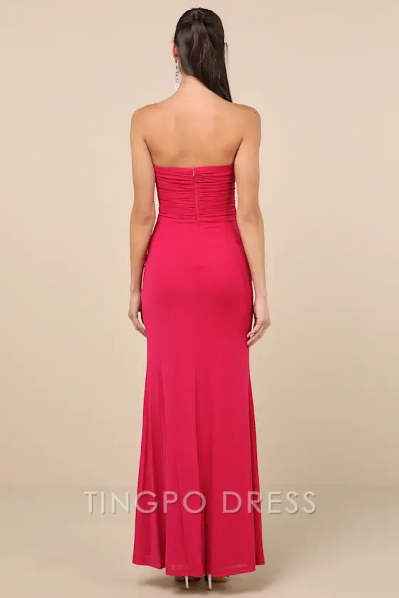 TingPo Wholesale Signature Elegance Epitome of Allure Fuchsia Mesh Strapless Ruched Maxi Dress formal wear dresses
